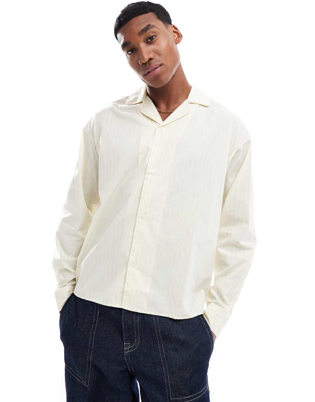 Jack & Jones oversized poplin long sleeve stripe shirt in off white product image