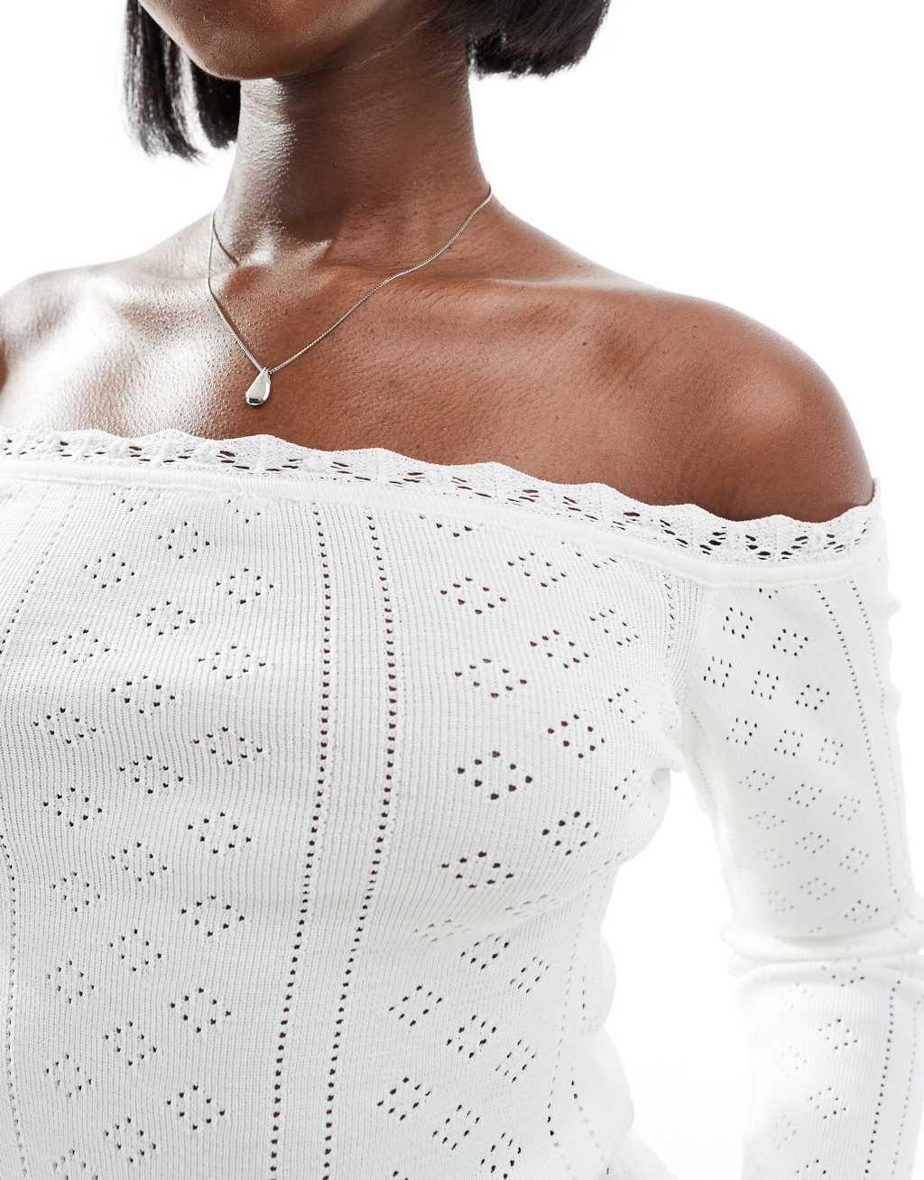 Fashionkilla pointelle lace trim bardot top in white Product Image