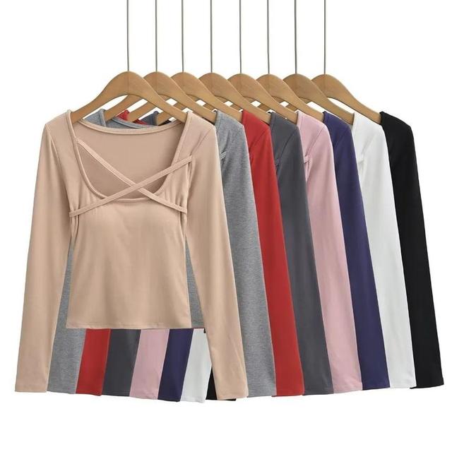 Long Sleeve Scoop Neck Plain Crisscross Crop T-Shirt Product Image