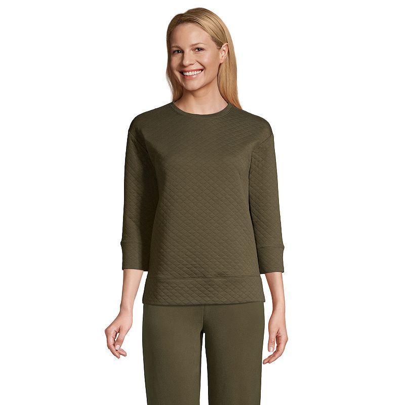 Petite Lands End 3/4 Sleeve Quilted Crew Neck Top, Womens Green Moss Product Image