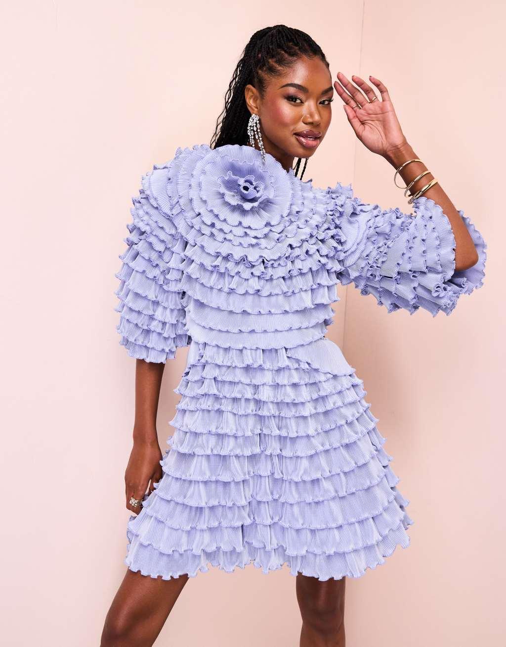 ASOS LUXE extreme ruffle skater mini dress in light blue Product Image