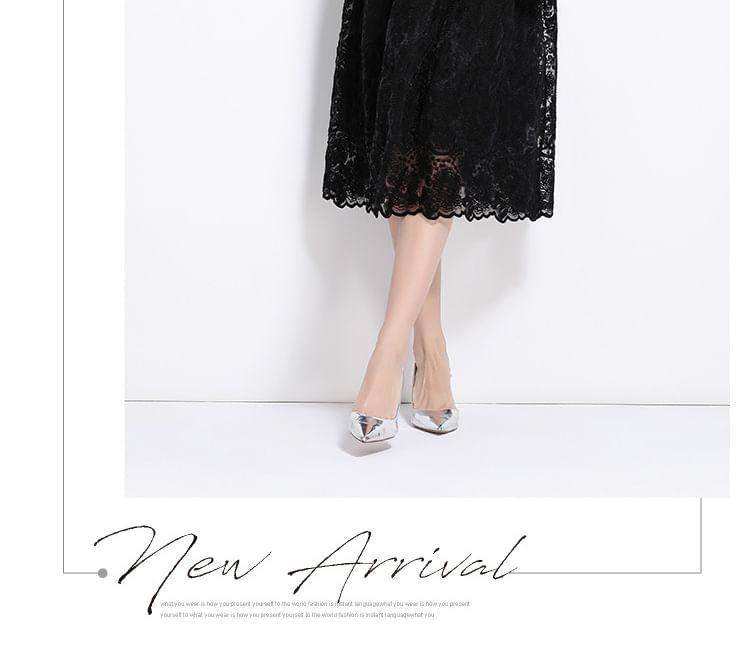 Set: Long Sleeve Crew Neck Plain Floral Embroidered Faux Pearl Button Mesh Top + High Rise Midi A-Line Skirt Product Image