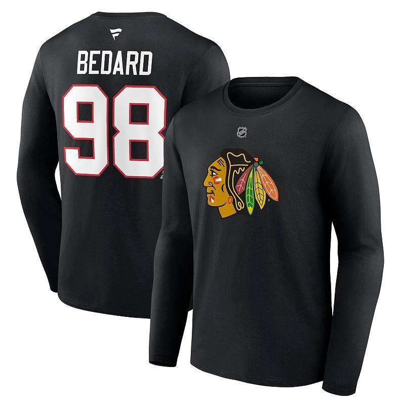 Mens Fanatics Connor Bedard Black Chicago Blackhawks Authentic Stack Name and Number Long Sleeve T-shirt Product Image