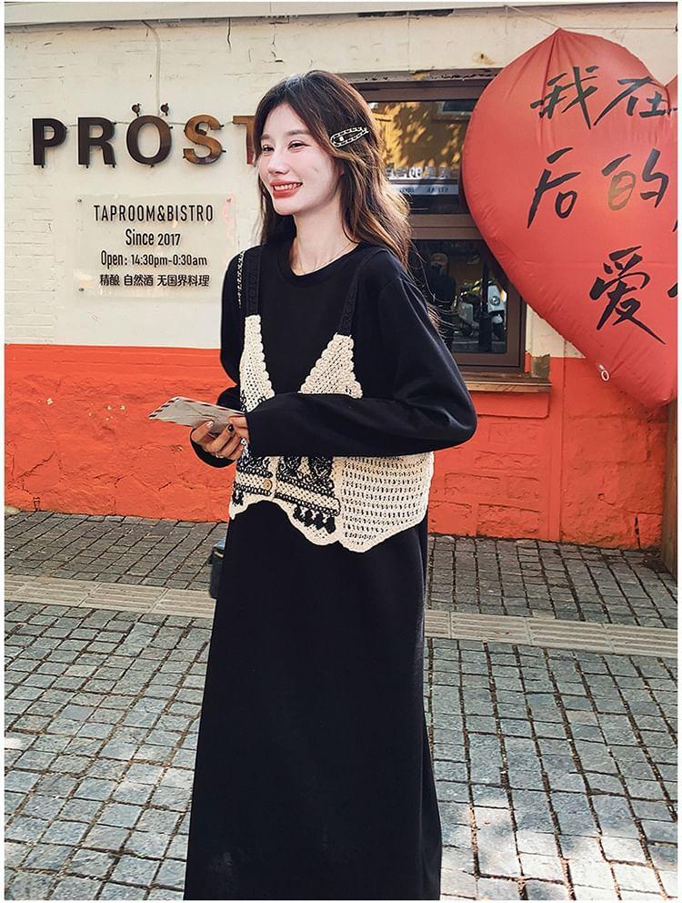 Long-Sleeve Round Neck Mock Two-Piece Patterned Knit Panel Midi Tunic Dress Product Image