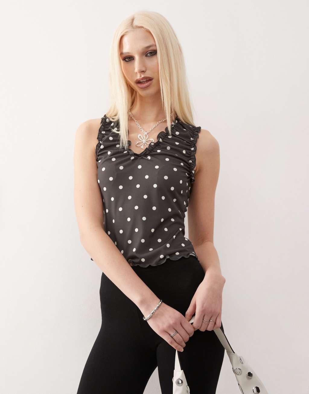 COLLUSION ruched v neck top in monochrome polka dot Product Image