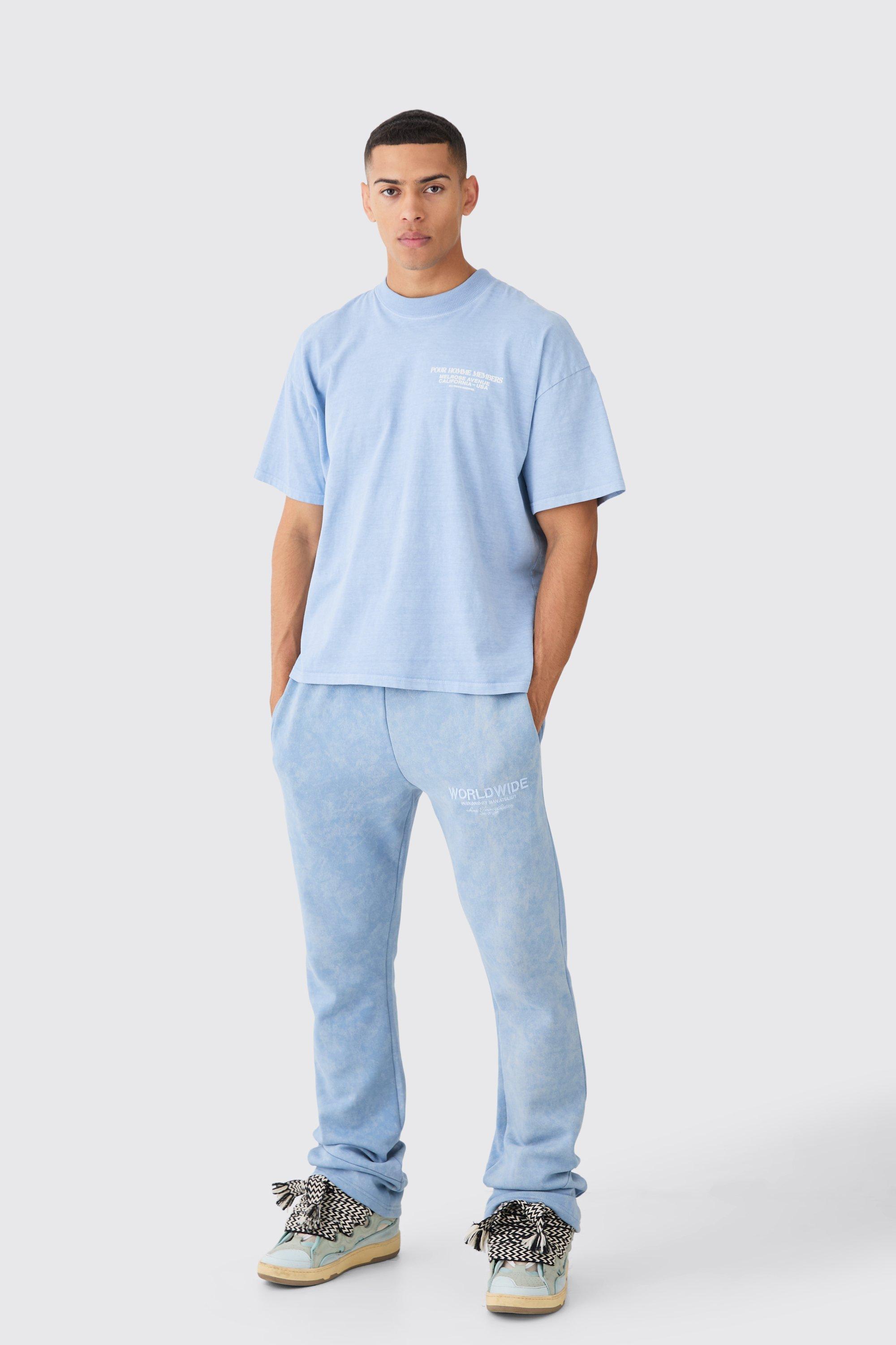 Mens Blue Boxy Distressed Applique Washed Stacked Tracksuit, Blue Product Image