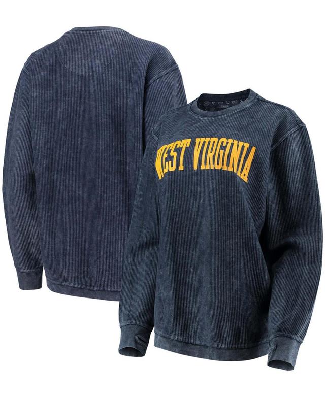 Womens Navy West Virginia Mountaineers Comfy Cord Vintage-Like Wash Basic Arch Pullover Sweatshirt Product Image