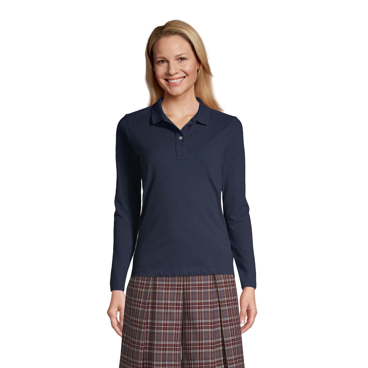 Womens Lands End School Uniform Long Sleeve Mesh Polo Shirt Classic Blue Product Image