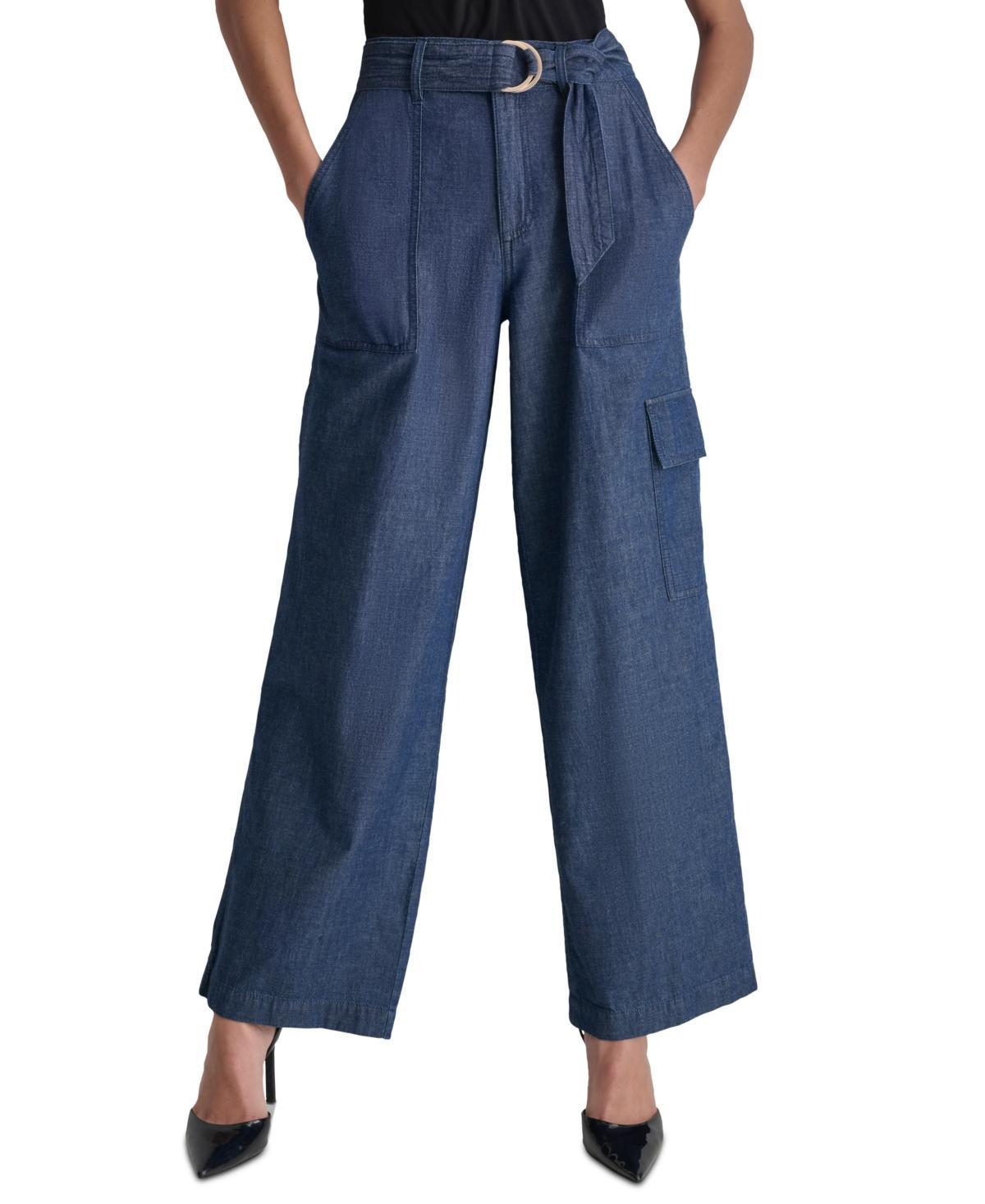 Women's High Rise Belted Wide-Leg Cotton Denim Cargo Pants Product Image