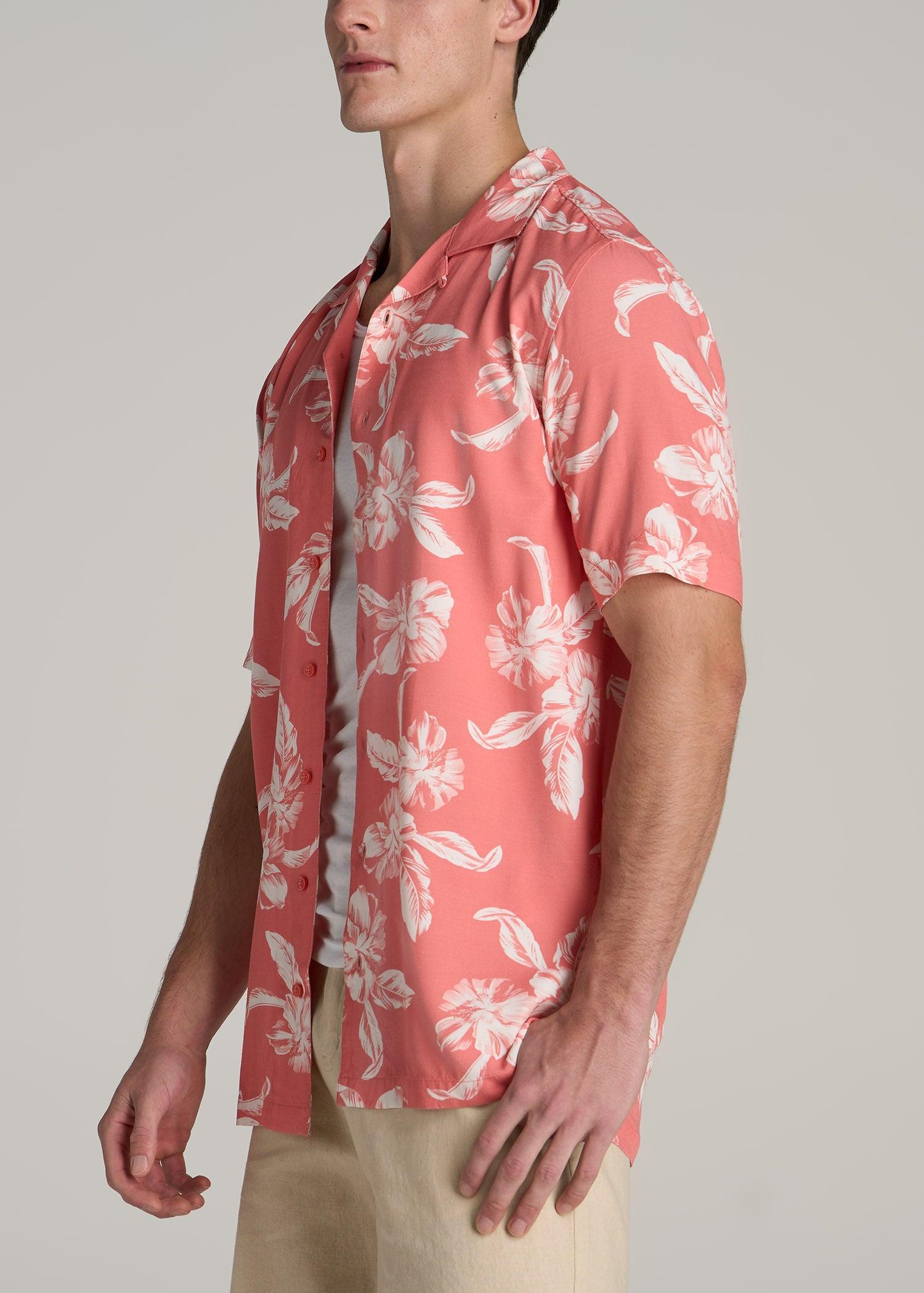 Short Sleeve Resort Shirt for Tall Men in Peach Hibiscus Male Product Image