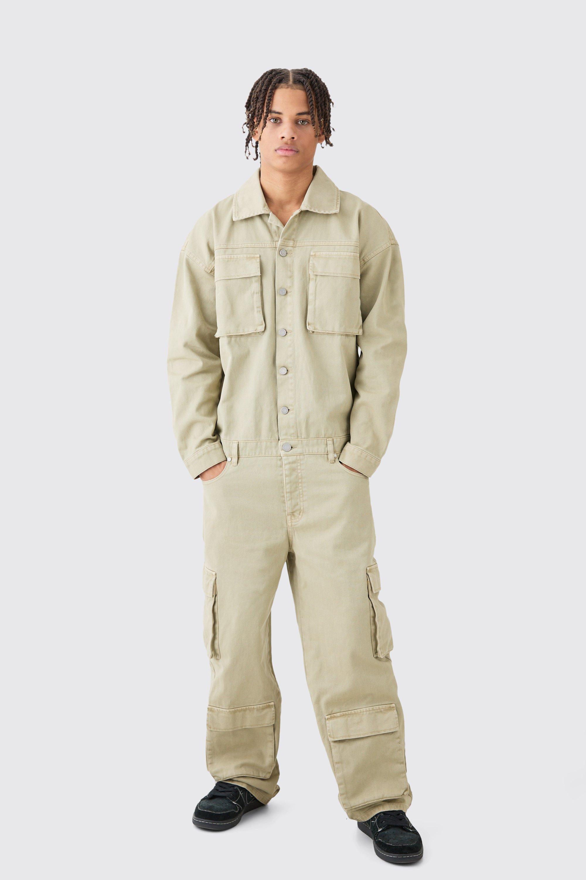 Mens Green Overdyed Oversized Cargo Pocket Denim Boilersuit In Sage, Green product image