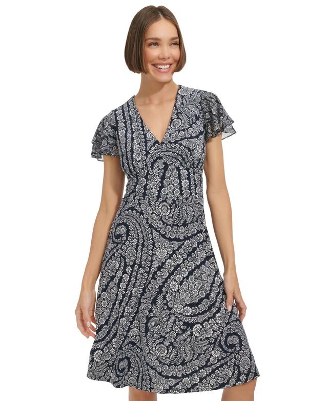 Tommy Hilfiger Womens Paisley-Print V-Neck Flutter-Sleeve Dress - Sky Capt Product Image