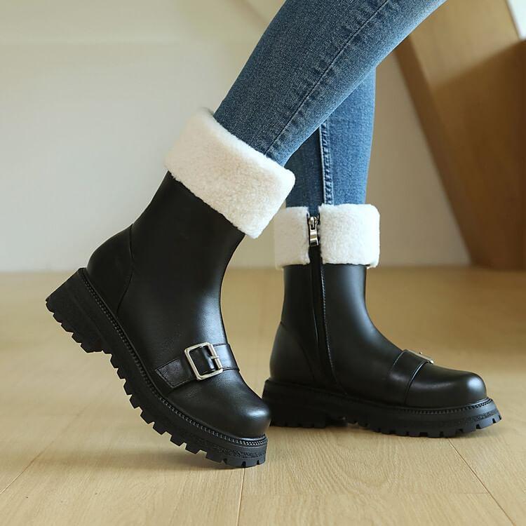 Buckled Fluffy Trim Platform Chunky Heel Short Boots Product Image