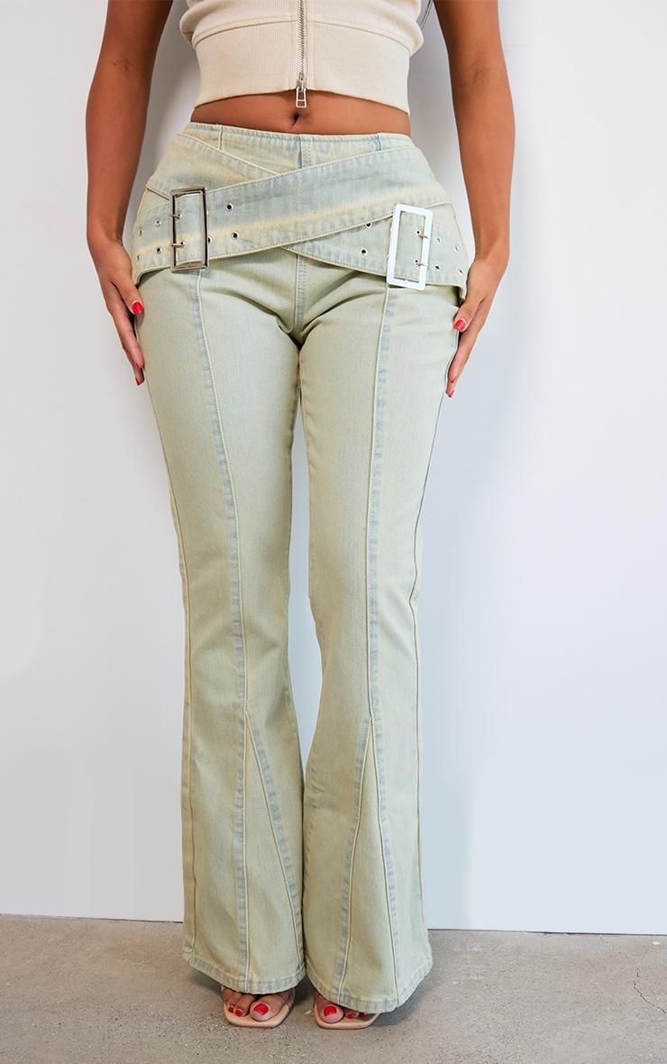 Shape Acid Green Washed Denim Belted Flare Jeans Product Image