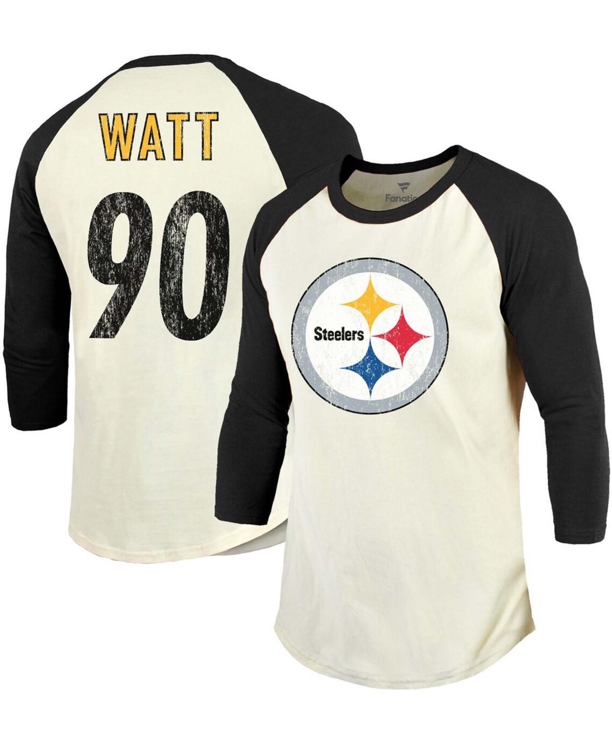 Mens Fanatics Branded T.J. Watt Cream/Black Pittsburgh Steelers Vintage Player Name & Number Raglan 3/4-Sleeve T-Shirt Product Image