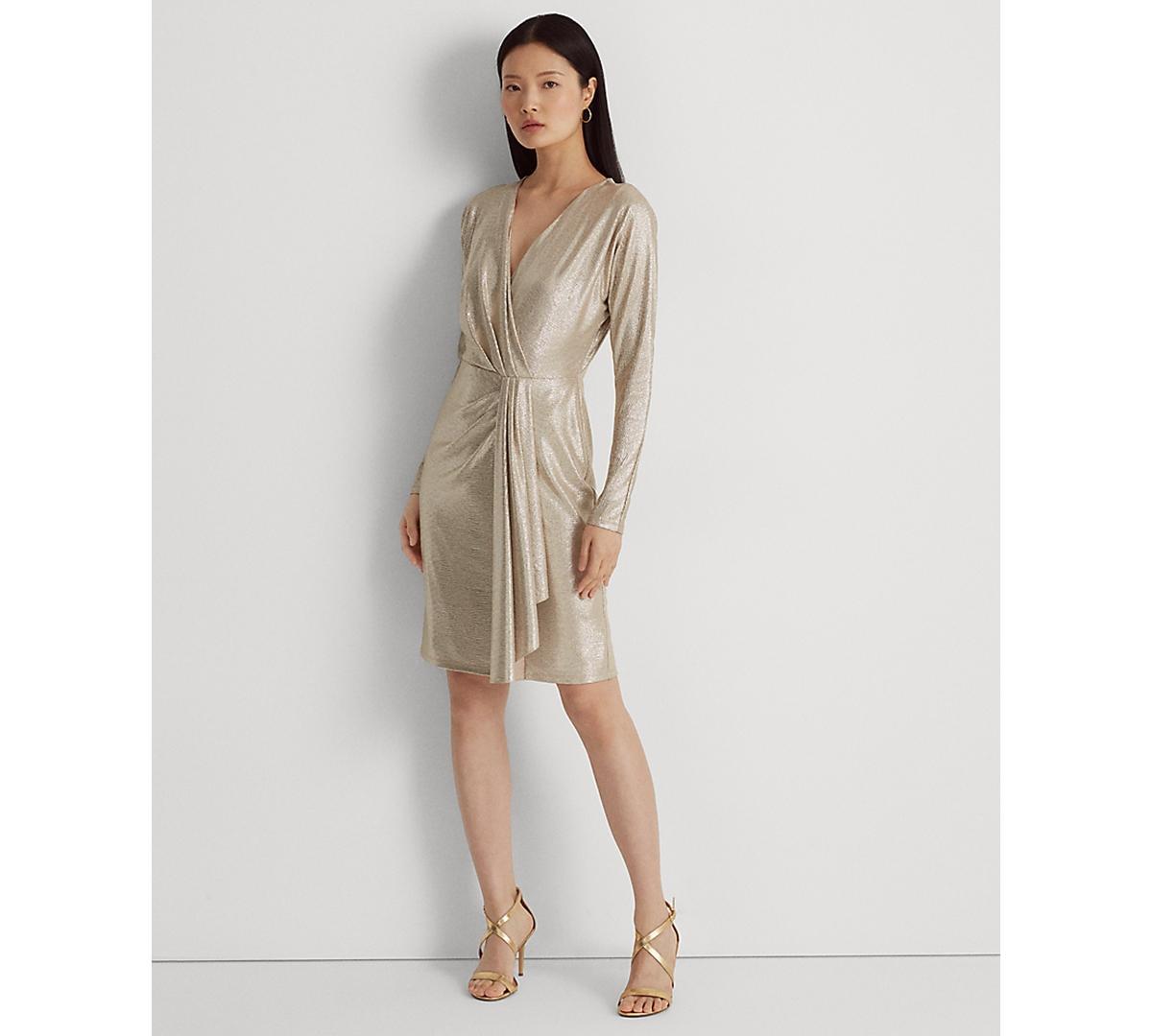 Lauren Ralph Lauren Metallic Stretch Knit Cocktail Dress (Birch Tan Foil) Women's Dress Product Image