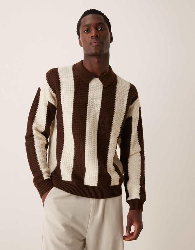 ASOS DESIGN relaxed boxy fit knit polo sweater in brown stripe Product Image