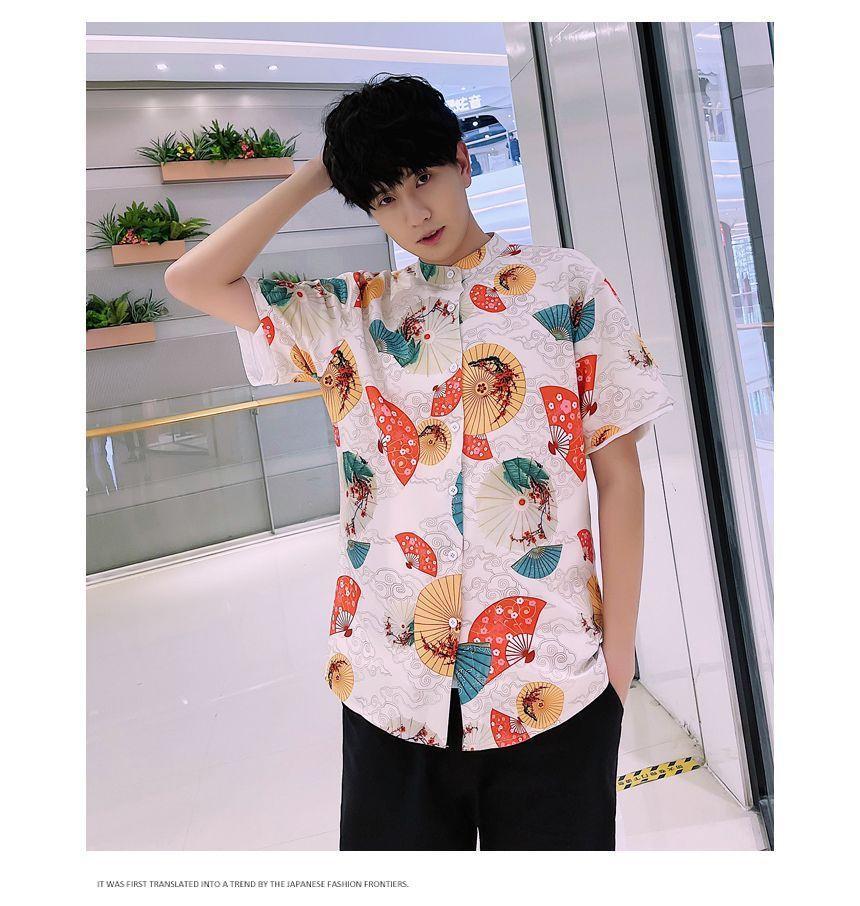 Couple Matching Short-Sleeve Fan Print Mini Qipao / Shirt / Plain Straight Leg Pants / Set Product Image