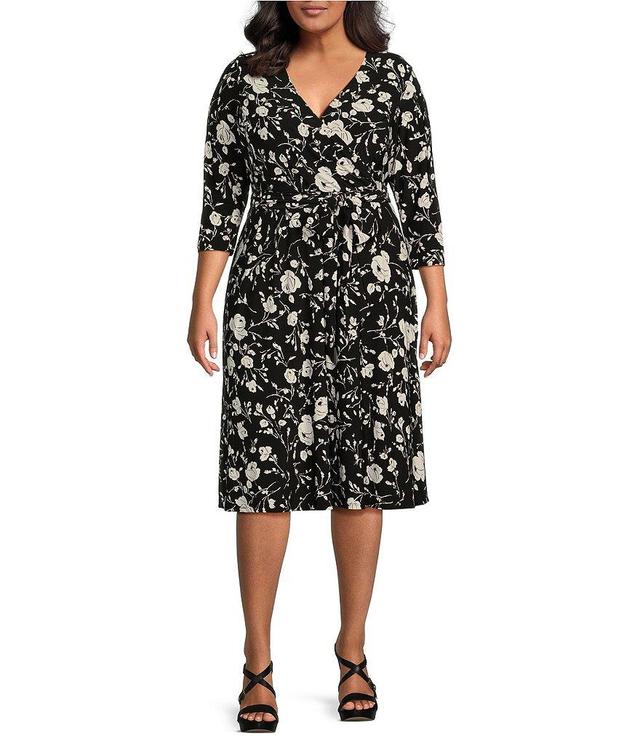 Lauren Ralph Lauren Plus Size Floral 3/4 Sleeve V-Neck Tie Waist Midi Dress Product Image