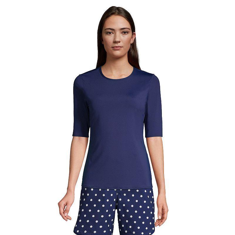 Womens Lands End UPF 50 Elbow-Sleeve Rash Guard Swim Tee Deep Blue Product Image