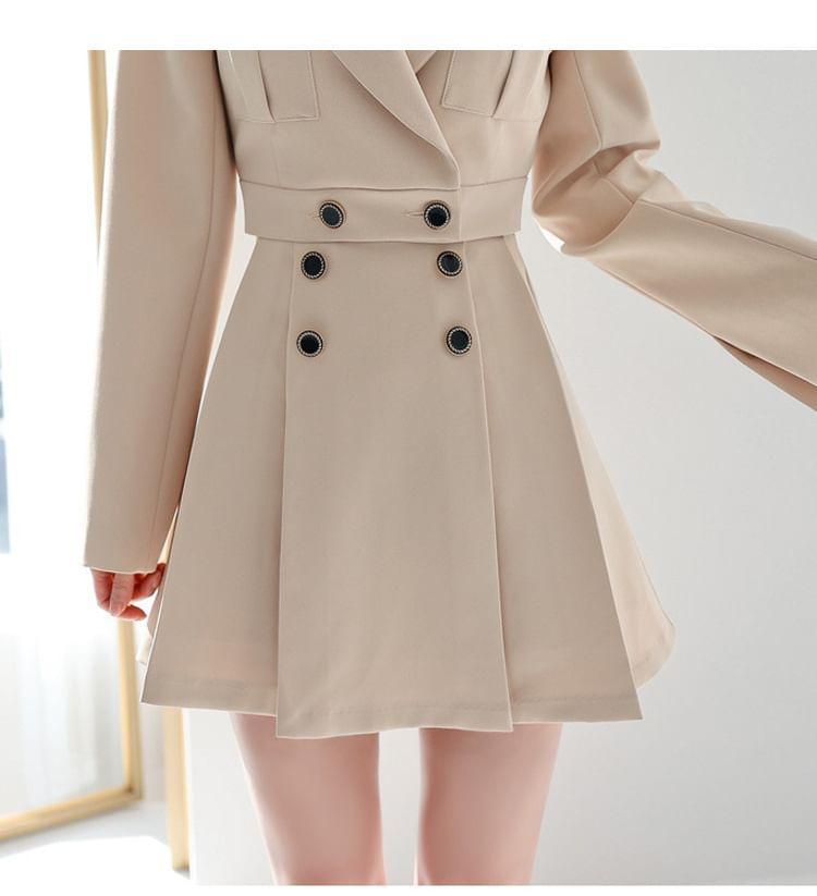 Set: Plain Crop Double-Breasted Blazer + High Waist Pleated Mini A-Line Skirt Product Image