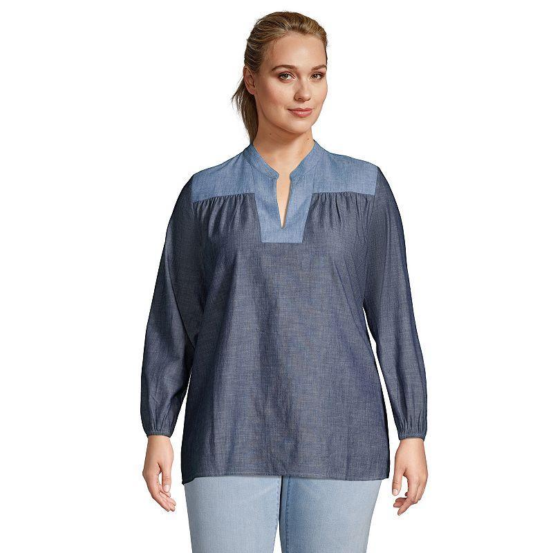 Plus Size Lands End Poplin Peasant Top, Womens Dark Blue Chambray product image