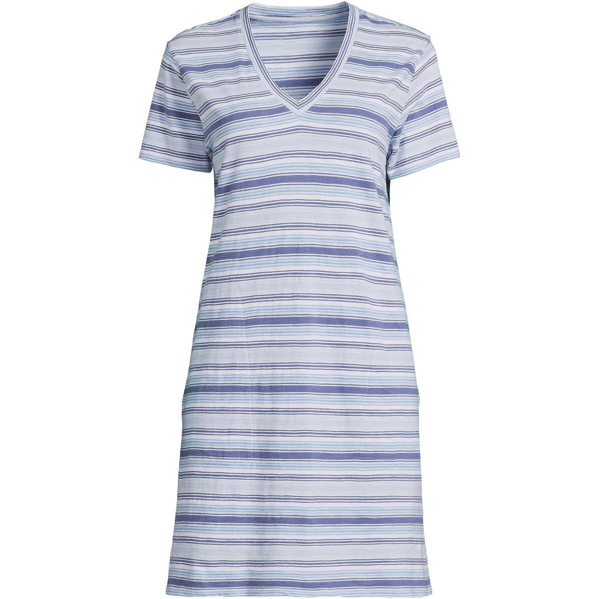 Petite Lands End V Neck Above Knee T-Shirt Dress, Womens Blue Striped Stars Product Image