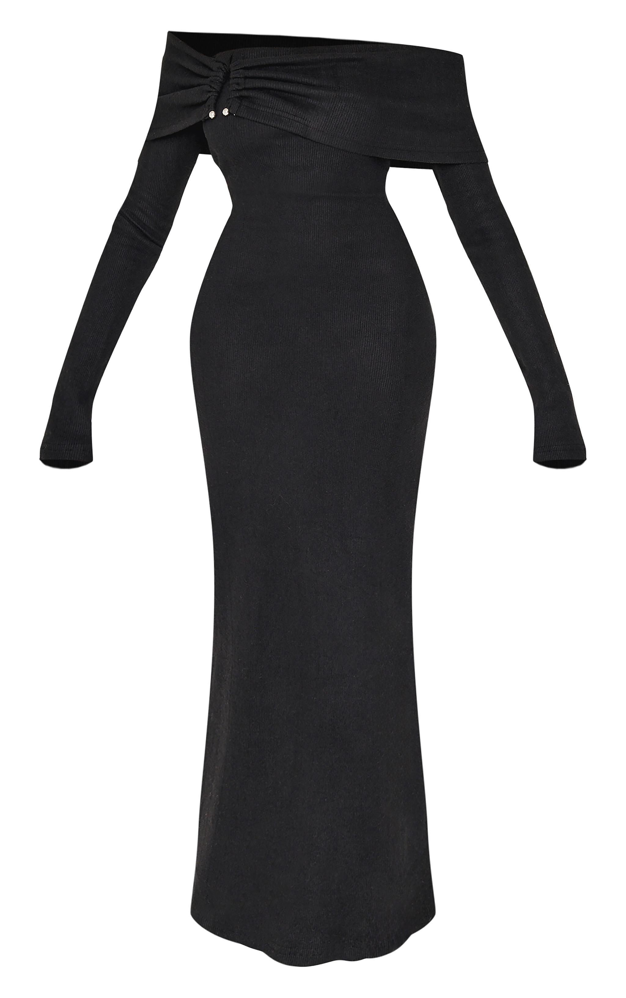 Black Heavy Brushed Rib Bardot Trim Maxi Dress Product Image