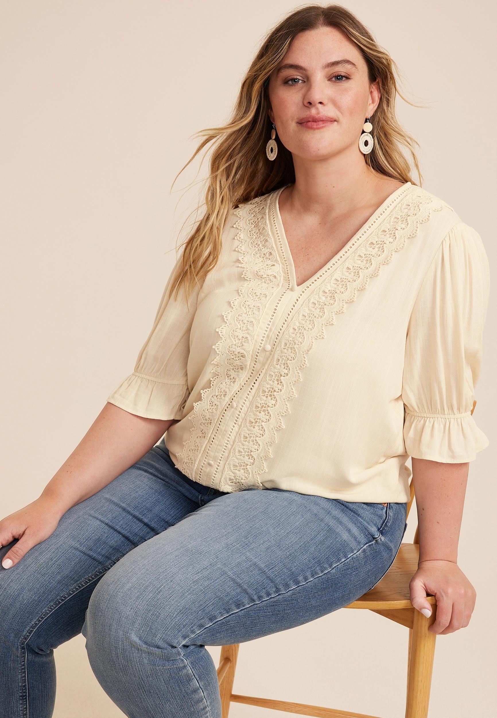 Maurices 0X Plus Size Womens Crochet Lace Bubble Hem Blouse Beige Product Image