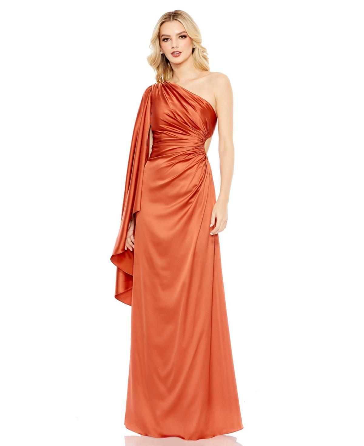 Ieena for Mac Duggal Drape Sleeve One-Shoulder Satin A-Line Gown Product Image