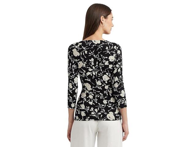 LAUREN Ralph Lauren Floral Surplice Stretch Jersey Top Cream 1) Women's Clothing Product Image