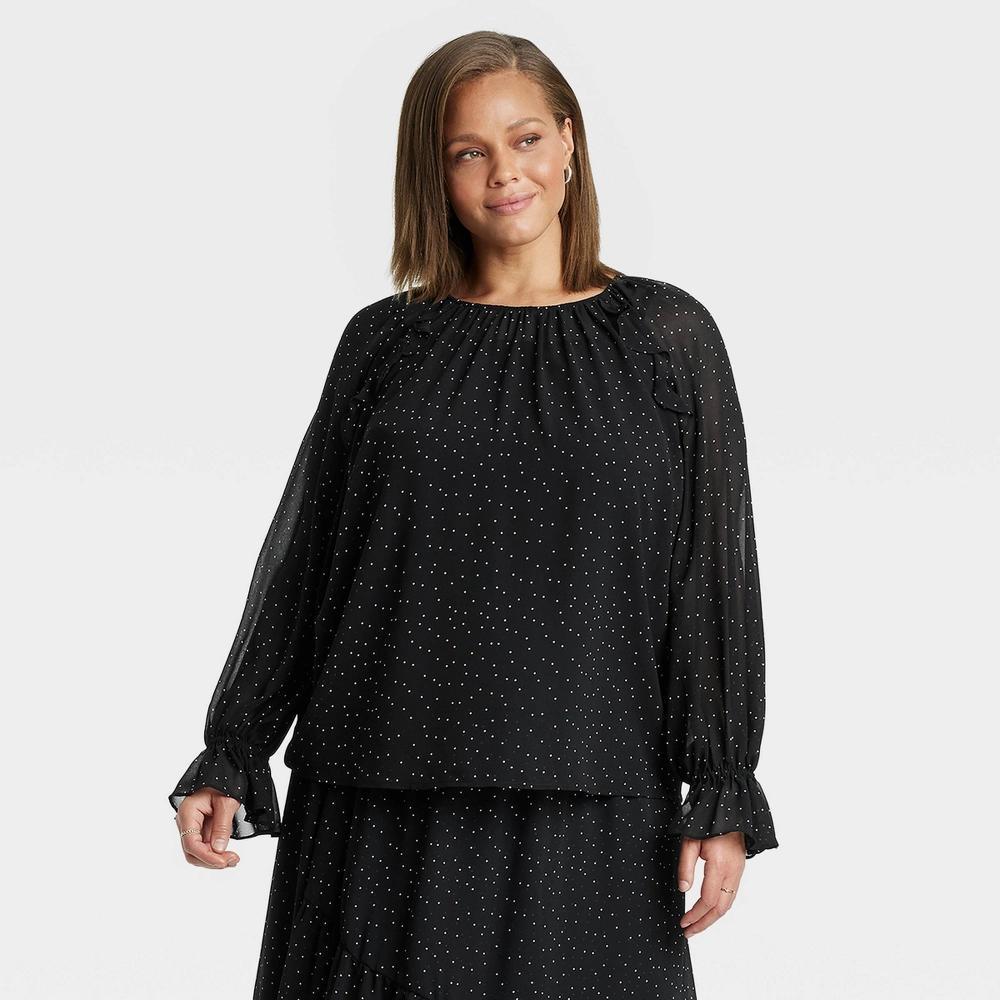 Women's Long Sleeve Ruffle Blouse - A New Day™ Black Polka Dots 1X Product Image