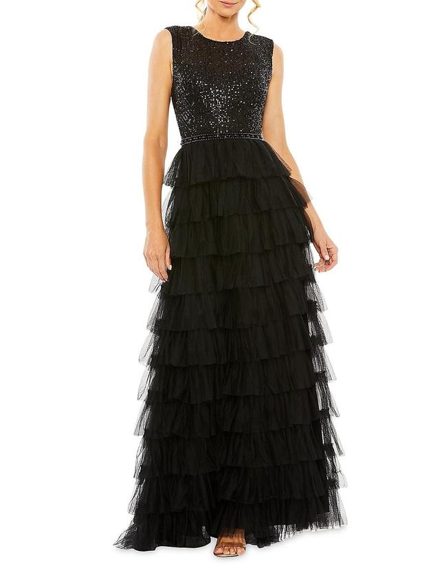 Womens Sequin Tulle Ruffled Gown Product Image