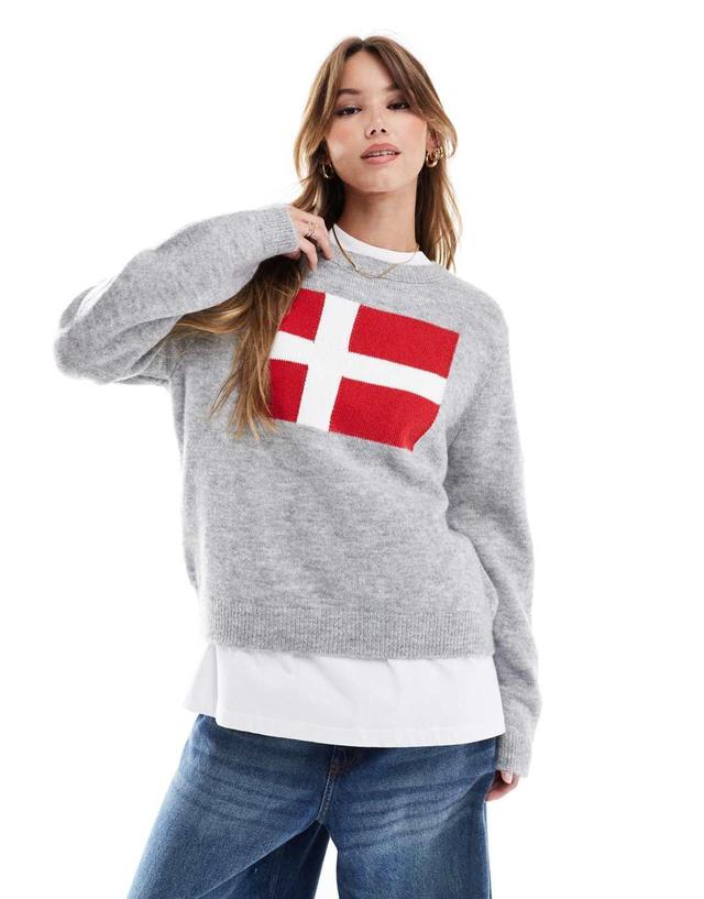 ASOS DESIGN knit sweater with flag graphic in gray Product Image