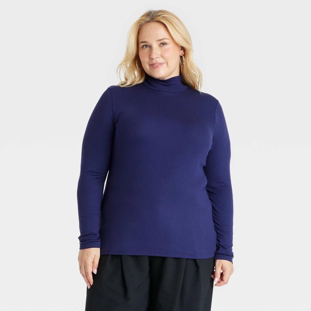 Womens Long Sleeve Mock Turtleneck Ribbed T-Shirt - A New Day Navy 3X Product Image