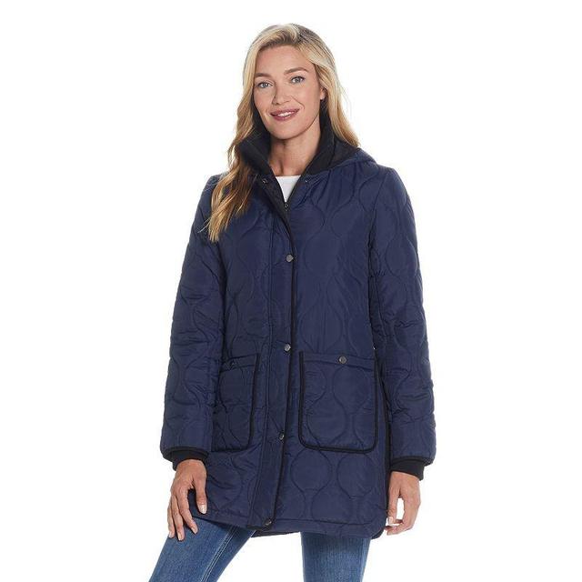 Womens Weathercast Hood Ribbed-Trim Quilted Walker Jacket Blue Product Image