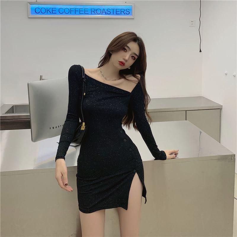 Long Sleeve Asymmetrical Neck Plain Glitter Slit Mini Sheath Dress Product Image