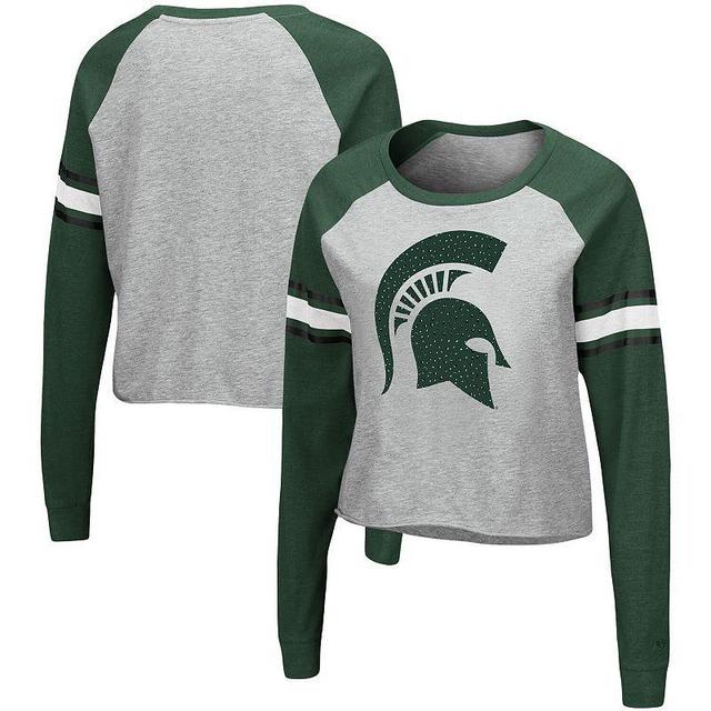 Womens Colosseum Heathered Gray/Green Michigan State Spartans Decoder Pin Raglan Long Sleeve T-Shirt Product Image