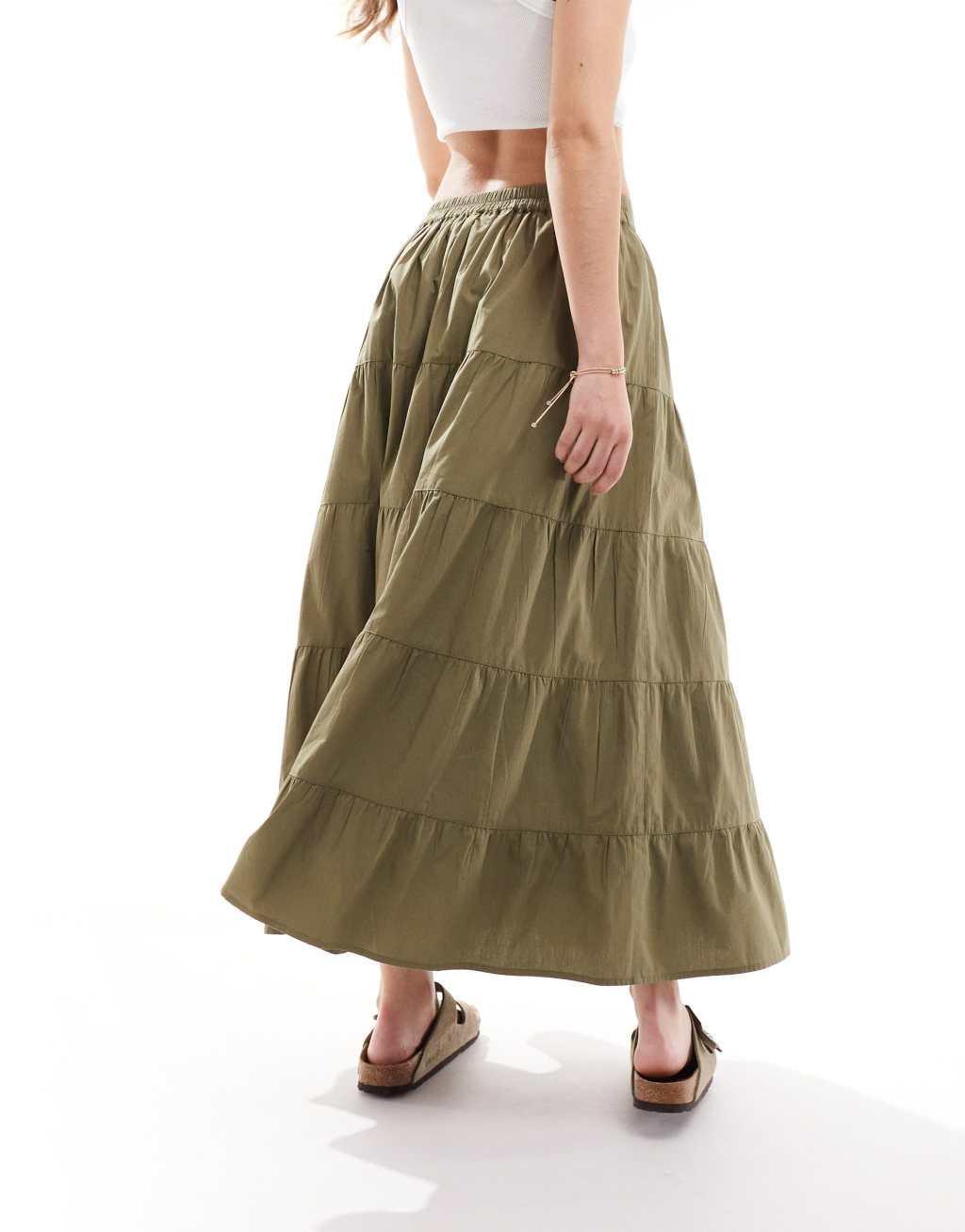 Miss Selfridge button through tiered prairie maxi skirt in khaki Product Image