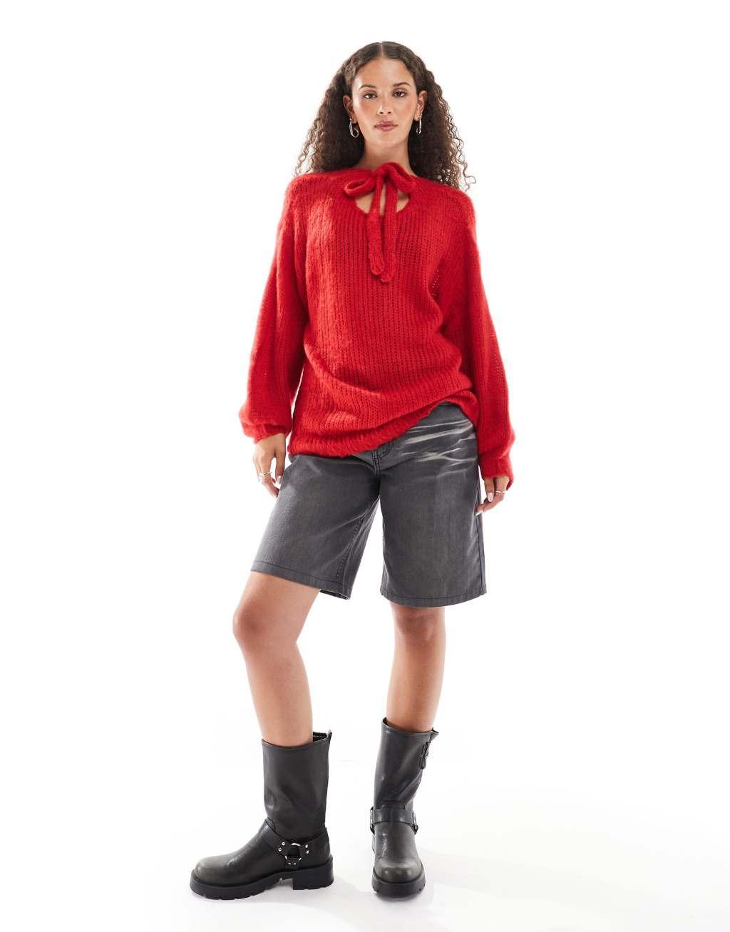 Daisy Street red balloon sleeve chunky sweater with tie back detail  Product Image