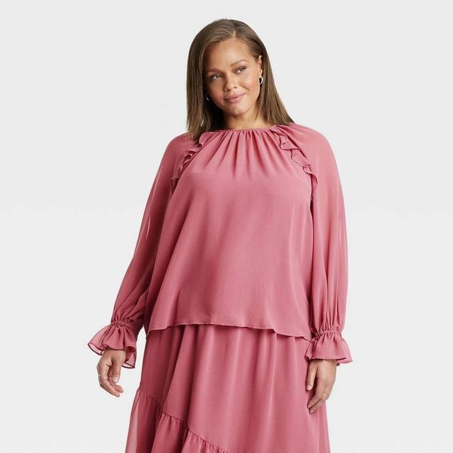 Womens Long Sleeve Ruffle Blouse - A New Day Rose XXL Product Image