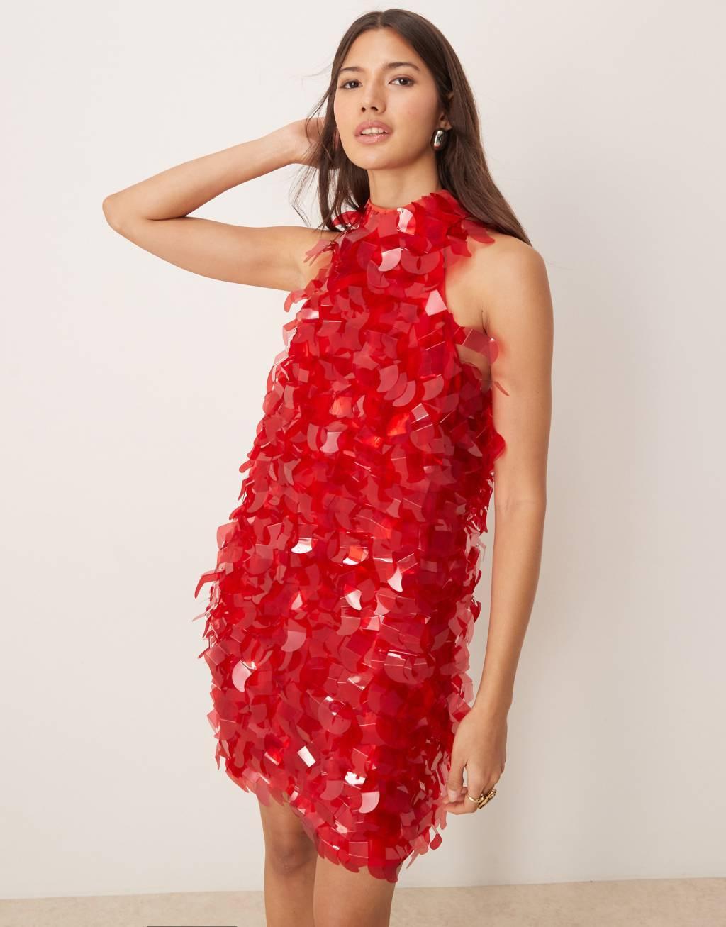 ASOS EDITION embellished sequin shard halterneck mini dress in red Product Image