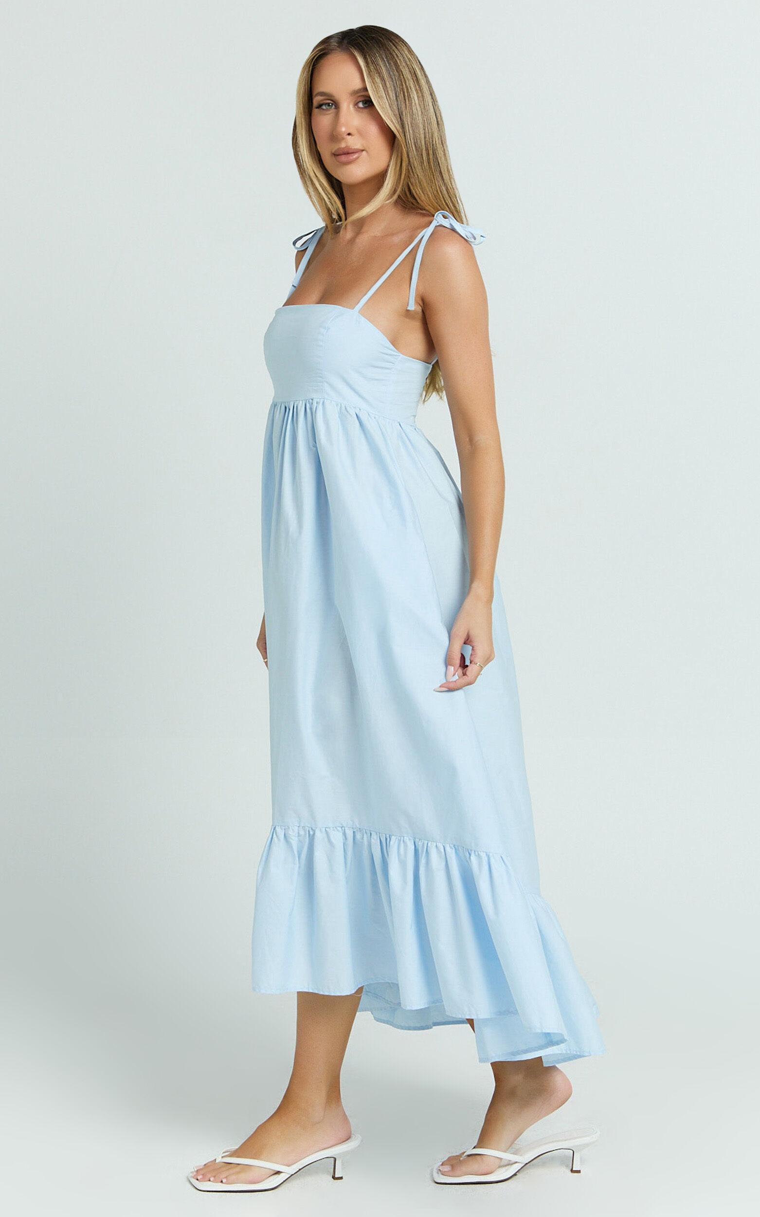 Aveiro Midi Dress - Straight Neck Shoulder Tie High Low Ruffle Hem in Soft Blue Product Image