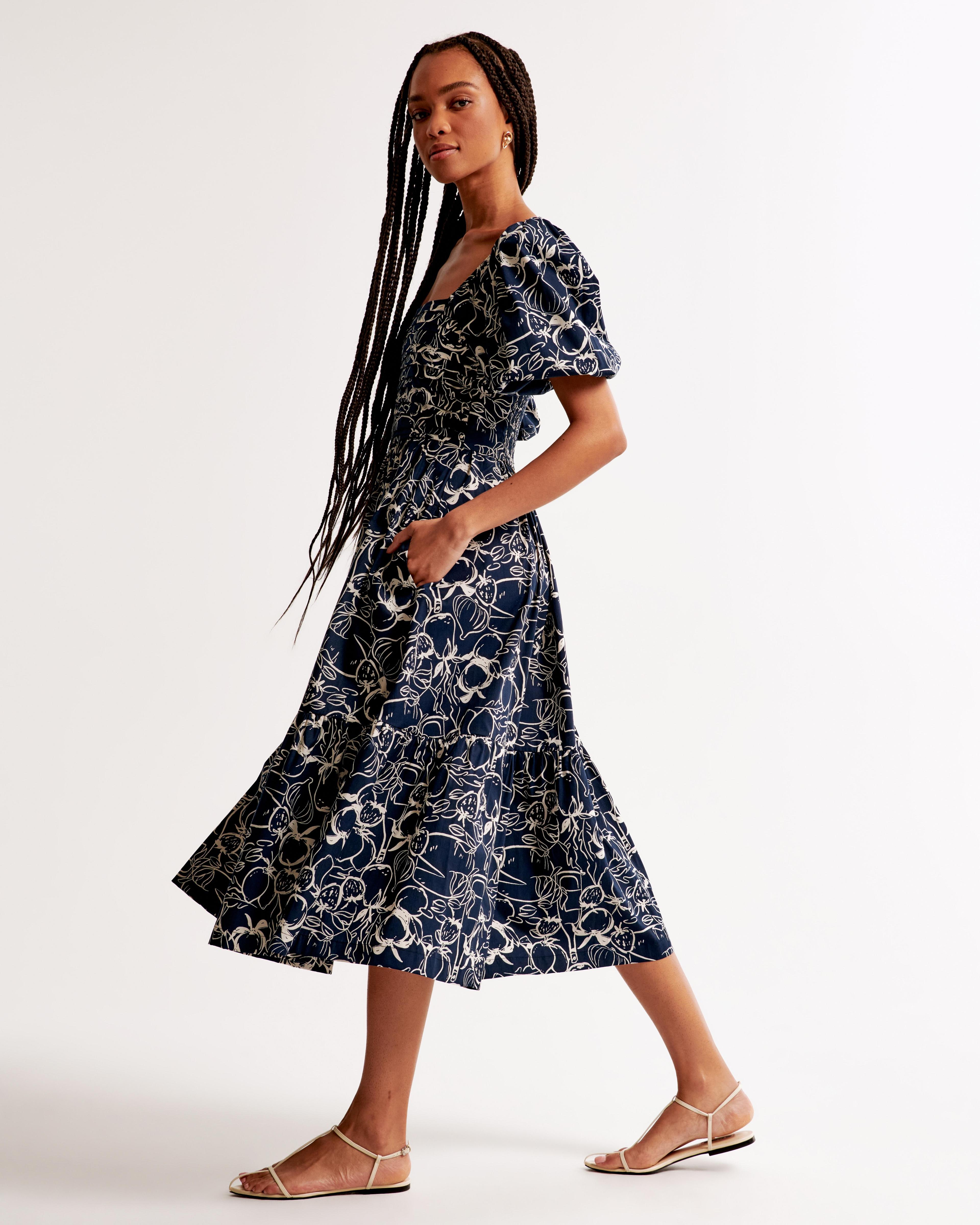 The A&F Emerson Poplin Puff Sleeve Midi Dress Product Image