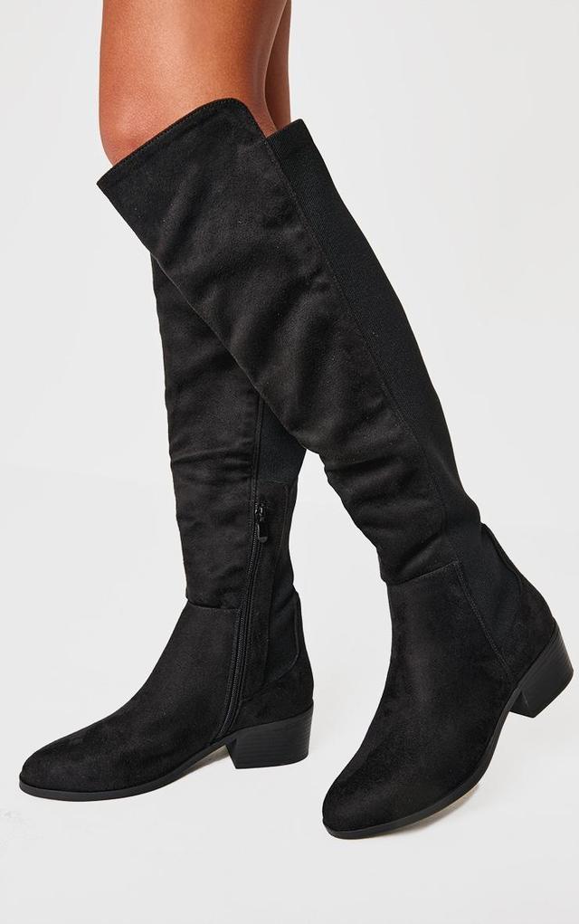 Black Faux Suede Wide Fit Round Toe Block Heel Knee High Boots Product Image