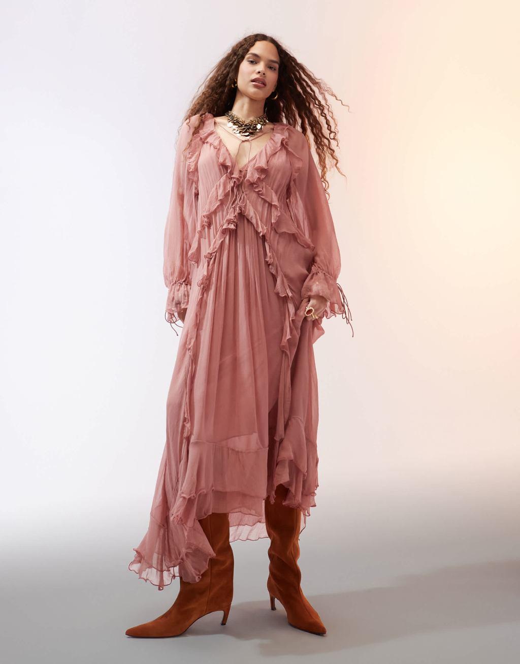 Mango v neck ruffle layer maxi dress in dusty pink Product Image