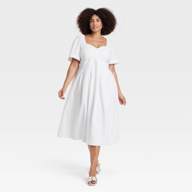 Womens Linen Puff Short Sleeve Midi Dress - A New Day White 26 Product Image