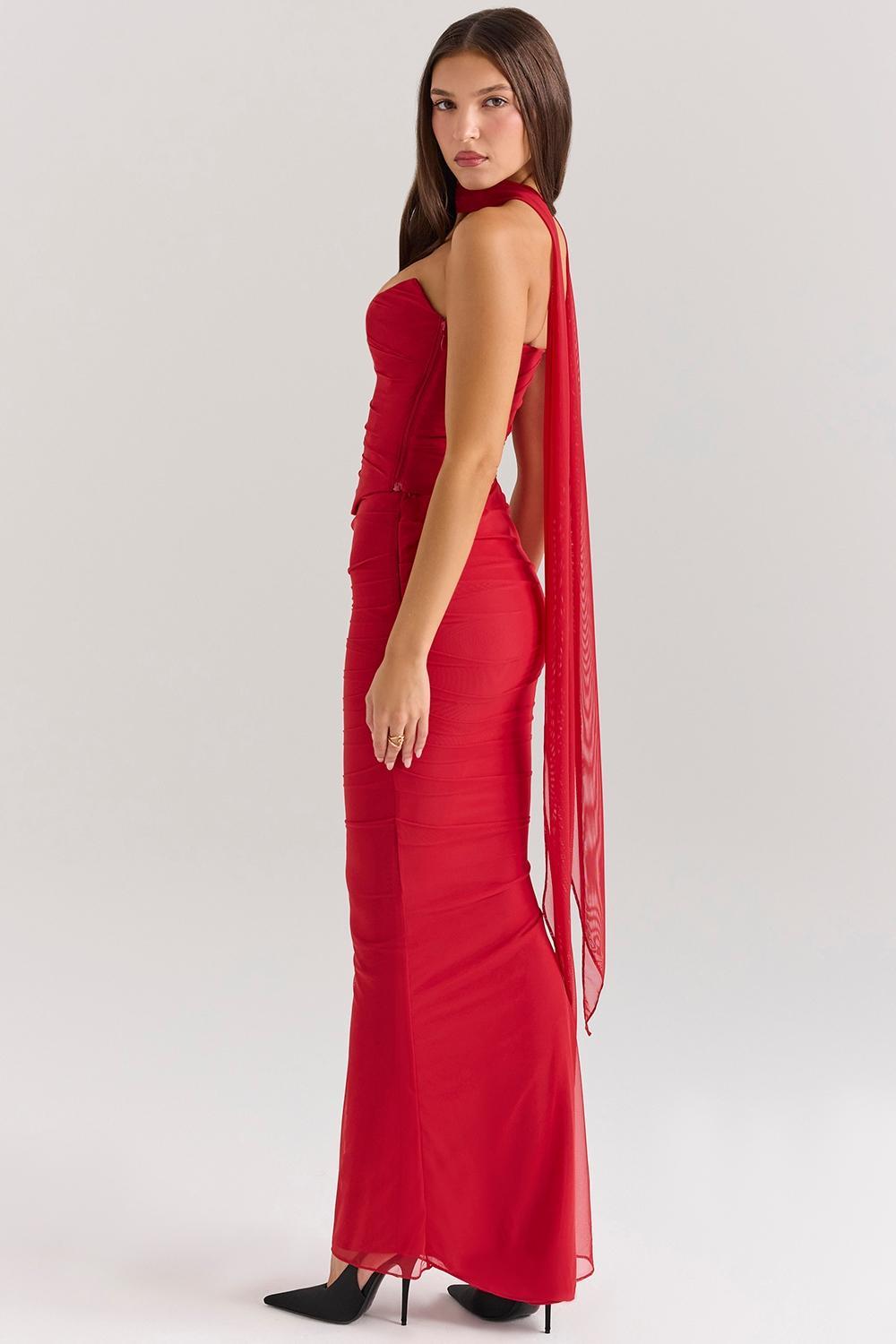 Cassidy Holly Red Mesh Maxi Skirt with Fluted Hem Product Image