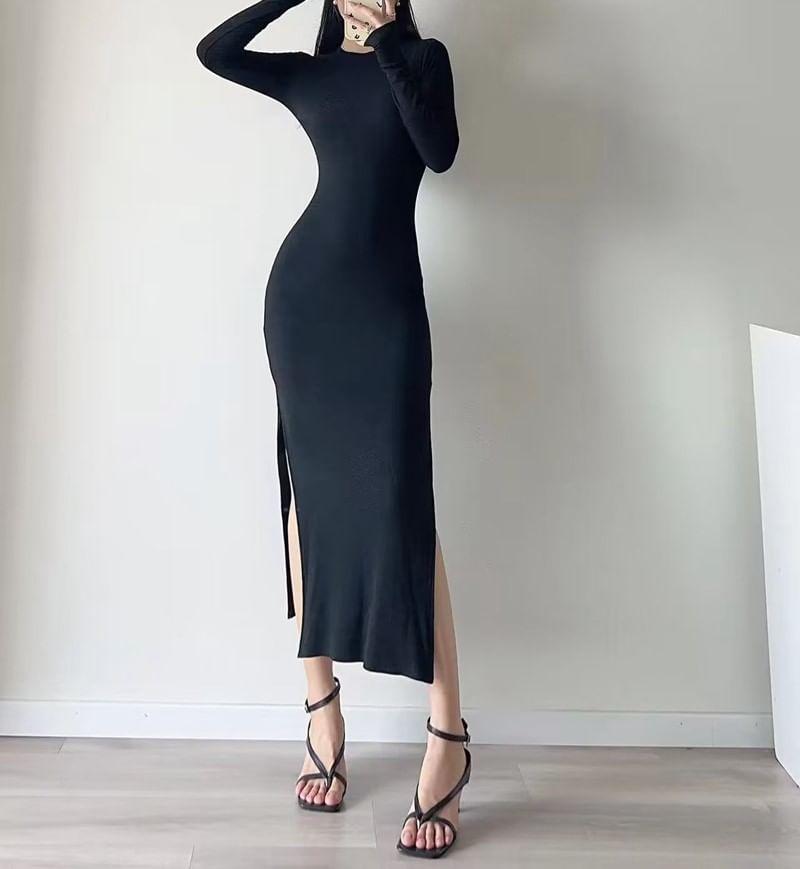 Long-Sleeve Crew Neck Plain Slit Midi Bodycon Dress Product Image