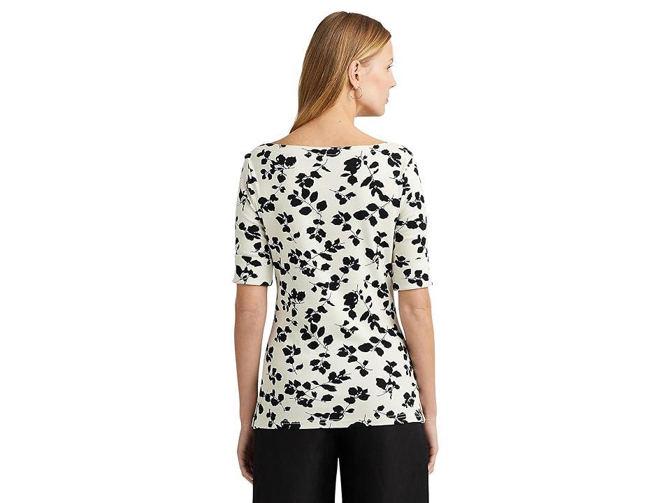 LAUREN Ralph Lauren Leaf-Print Stretch Cotton Boatneck Tee (Cream/Black) Women's Clothing Product Image